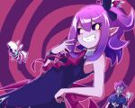  1boy 1girl black_dress black_sclera boro_bukuro breasts closed_mouth colored_sclera colored_skin demon_girl dress long_hair looking_at_viewer maou_(yuunama) musume_(yuunama) pointy_ears purple_hair purple_skin side_ponytail sleeveless sleeveless_dress smile v v_yuusha_no_kuse_ni_namaiki_da_r yuusha_no_kuse_ni_namaiki_da 