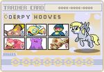  blonde_hair crossover cutie_mark derpy_hooves_(mlp) ditto dunsparce english_text equine female feral friendship_is_magic fur grey_fur group hair horse low_res mammal munchlax my_little_pony nintendo pegasus pok&#233;mon pok&eacute;mon pony seaandsunshine slowpoke spinda stunfisk text trainer_card video_games wings yellow_eyes 