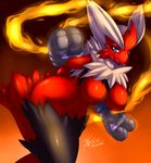  3_fingers anthro avian bent_over big big_breasts bird black_background black_fur blaziken blue_eyes breasts butt chicken claws female fire fist fur grey_skin hi_res looking_at_viewer mega_blaziken mega_evolution mnxenx001 nintendo nipples nude open_mouth orange_background plain_background pok&#233;mon pok&#233;morph pok&eacute;mon pose raised_arm raised_leg red_fur red_skin shiny skin solo standing talons tongue video_games warm_colors white_eyes 