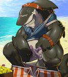  anthro bad_dragon bandanna beach biceps blue_eyes claspers clothing erection fish gold great_white_shark hemipenes male marine multi_cock muscles narse nude outside pants pants_down penis piercing pirate sea seaside shark smile solo treasure undressing water 