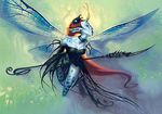  blue_skin breasts clothed clothing eyes_closed fairy female flying hair long_hair magic_the_gathering magic_user matt_cavotta pointy_ears polearm red_hair staff wings wizards_of_the_coast 
