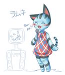  black_markings blue_fur blush cute eyes_closed feline female fur japanese_text karaoke lacgl lolly lolly_(animal_crossing) mammal markings microphone musical_note nintendo plaid pointy_ears red_dress singing stripes text translation_request unknown_artist video_games 