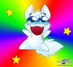 abstract_background akazukin_chacha ambiguous_gender big_eyes blue_eyes canine colorful cub cute excited fabulous fangs fur happy jumping mammal open_mouth plain_background rainbow rainbow_background riiya smile star tripping_balls watermark were werewolf white_fur wolf wolfblade young 