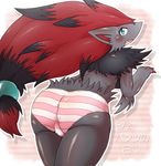  butt canine chest_tuft fangs female fox fur hair hm3526 looking_at_viewer looking_back mammal nintendo open_mouth panties pok&#233;mon pok&eacute;mon red_hair solo striped_panties tuft underwear video_games zoroark 