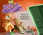  beanie blue_eyes brown_hair button&#039;s_mom button's_mom button_mash_(mlp) controller cutie_mark english_text equine fan female game game_controller glowing hair hat horse jowybean male mammal mother mother_and_son my_little_pony original_character parent pony pulling son television text video_games 