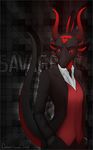  2013 abstract_background anthro black_dragon body_markings clothed clothing doktor-savage dragon eyes_open female horn illuminati jacket looking_at_viewer markings necktie pants pose red_eyes savage scalie shirt solo standing suit vest 