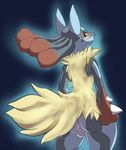  anthro back_turned balls blue_fur blush butt canine celescario fur jackal looking_at_viewer looking_back lucario male mammal mega_evolution mega_lucario nintendo nude open_mouth plain_background pok&#233;mon pok&eacute;mon red_eyes solo video_games wide_hips yellow_fur 