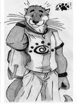  black_and_white clothed clothing duffle_bag greyscale male mammal monochrome mustelid otter solo 