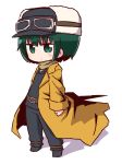  bangs belt belt_buckle black_footwear black_jacket black_pants blush brown_belt brown_coat brown_scarf buckle chibi closed_mouth coat eyebrows_visible_through_hair flat_cap full_body fur_hat goggles goggles_on_headwear green_eyes green_hair hair_between_eyes hat jacket kino kino_no_tabi long_sleeves looking_at_viewer naga_u open_clothes open_coat pants scarf shadow shoes sleeves_past_wrists solo standing white_background white_hat 