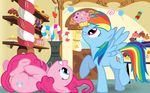  absurd_res blue_eyes blue_fur cupcake cutie_mark equine female feral food friendship_is_magic fur hair hi_res horse inside kitsuneymg mammal multi-colored_hair my_little_pony pegasus pink_fur pink_hair pinkie_pie_(mlp) pony purple_eyes rainbow_dash_(mlp) rainbow_hair wings 