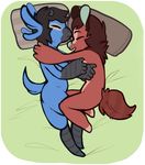  beak bed blue_fur blue_jay_(character) blue_nose chibi couple cuddling eyes_closed female fur hybrid male octonnibal open_mouth pillow red_fur ryuhana smile stripes tan_fur unknown_species 