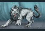  chimera claws feline feral fur grey_fur grey_hair hair hooves horn hybrid lion male mammal multi_head red_eyes reptile scalie snake snake_tail solo tacimur talons teeth world_of_darkness 