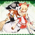  apron ascot blonde_hair blush bobby_socks bow braid broom brown_hair cosplay costume_switch detached_sleeves dyumo_(moffri) finger_to_face gradient gradient_background grin hair_bow hair_tubes hakurei_reimu hakurei_reimu_(cosplay) hand_in_hair hat hat_ribbon kirisame_marisa kirisame_marisa_(cosplay) knees_up long_hair looking_at_viewer mary_janes mini-hakkero multiple_girls ofuda red_eyes ribbon shadow shoes single_braid sitting skirt skirt_set smile socks touhou waist_apron witch_hat yokozuwari 