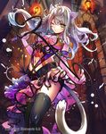  ;o absurdres anatamouta animal_ears black_legwear blush breasts cat_ears cat_tail detached_sleeves grey_hair highres lampion lantern looking_at_viewer medium_breasts one_eye_closed outdoors parted_lips standing tail thighhighs thousand_emperors tsurime whip yellow_eyes zettai_ryouiki 