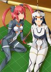  arm_support arnval arnval_(cosplay) bad_id bad_pixiv_id blue_eyes blue_hair blush bodysuit breasts busou_shinki cosplay headgear kamia_(not_found) kasuga_aya long_hair looking_at_viewer mechanical_pencil minigirl multiple_girls original pencil pink_eyes pink_hair small_breasts strarf strarf_(cosplay) twintails yukino_sayuri 