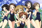  :d :o ;d absurdres bare_shoulders black_hair blonde_hair blue_eyes blush bow brown_eyes brown_hair chain-link_fence covered_navel fence flat_chest girls_und_panzer glasses highres maruyama_saki megami multiple_girls official_art old_school_swimsuit one-piece_swimsuit one_eye_closed oono_aya open_mouth sakaguchi_karina sawa_azusa school_swimsuit short_hair smile swimsuit twintails utsugi_yuuki yamagou_ayumi yellow_eyes yoshida_nobuyoshi 