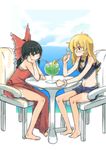  adapted_costume alternate_costume apron bare_arms barefoot black_hair blonde_hair bow braid brown_eyes chair commentary cup dating denim denim_shorts dress drinking drinking_glass drinking_straw eye_contact freckles hair_bow hair_tubes hakurei_reimu ikki3nomi kirisame_marisa looking_at_another multiple_girls no_detached_sleeves sarashi shared_drink shirt shorts single_braid sitting skirt skirt_set sleeveless sleeveless_dress sleeveless_shirt smile table touhou waist_apron yellow_eyes yuri 