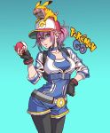  1girl animal animal_on_head aqua_background aqua_eyes backpack bag bangs baseball_cap belt black_belt black_legwear blue_choker blue_jumpsuit choker commentary copyright_name cosplay cowboy_shot creatures_(company) dog female_protagonist_(pokemon_go) fingerless_gloves game_freak gen_1_pokemon gloves hand_on_hip hat head_tilt highres holding holding_poke_ball jumpsuit light_smile long_sleeves looking_at_viewer nintendo on_head pantyhose parted_lips pikachu pikachu_(cosplay) pink_hair poke_ball poke_ball_(generic) pokemon pokemon_go red_hat shirt short_hair short_jumpsuit short_ponytail simple_background solo standing white_shirt yamashita_shun&#039;ya 