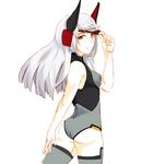  ass black_leotard breasts chibibro ear_protection eyepatch eyepatch_lift from_behind grey_leotard heterochromia highres infinite_stratos laura_bodewig leotard long_hair red_eyes silver_hair small_breasts solo thighhighs yellow_eyes 