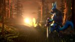  butt forest grass looking_at_viewer lucario melee_weapon musical_instrument nintendo ocarina pok&eacute;mon pok&eacute;mon_(species) red_eyes scabbard shield sword the_legend_of_zelda tree video_games weapon 