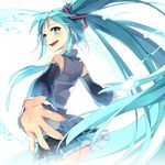  aqua_eyes aqua_hair detached_sleeves hatsune_miku karpin long_hair looking_back nail_polish necktie open_mouth outstretched_arms skirt solo spread_arms twintails very_long_hair vocaloid 