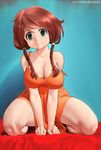  artist_name barefoot braid breasts cleavage commentary english_commentary green_eyes hair_over_shoulder kairuhentai kneeling large_breasts orange_skirt original skirt smile solo strap_slip thighs twin_braids v_arms 