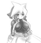  atlas belt blush bodysuit breasts greyscale large_breasts mato_spectoru monochrome multicolored_hair rockman rockman_zx rockman_zx_advent short_hair skin_tight solo two-tone_hair undressing 