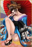  1girl alternate_color bare_shoulders breasts brown_eyes brown_hair cleavage eyeshadow geta hair_up japanese_clothes legs lipstick looking_at_viewer makeup nail_polish oiran platform_footwear platform_shoes red_lipstick red_nails setsuka sitting solo soul_calibur soulcalibur_iii toes umbrella watermark xuexue_yue_hua 