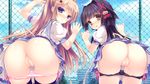  2girls ass black_hair blush brown_hair censored game_cg nekokawa_ameri nekomori_mike nyan_cafe_macchiato panties panty_pull seifuku skyfish thighhighs underwear vagina wet yukie 