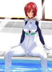  alternate_costume arm_support ayanami_rei ayanami_rei_(cosplay) bad_id bad_pixiv_id bangs blush bodysuit bracer breasts cameltoe cosplay gloves hair_between_eyes hair_ornament indoors kamia_(not_found) kasuga_aya light_rays looking_at_viewer medium_breasts neon_genesis_evangelion number original parted_lips pilot_suit plugsuit pool poolside red_eyes red_hair refraction short_hair sitting soaking_feet solo spread_legs sunbeam sunlight turtleneck water wet wet_clothes wet_hair white_bodysuit window 