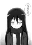  ^_^ aki99 blush closed_eyes facing_viewer flat_chest greyscale highres long_hair mikasa_ackerman monochrome scarf shingeki_no_kyojin smile solo translated 