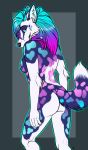  2018 5_fingers anthro blue_eyes blue_fur blue_hair breasts butt canid canine canis claws digital_media_(artwork) female fur hair hi_res long_hair looking_at_viewer mammal markings multicolored_fur multicolored_hair nipples nude patrikthedog pink_fur pink_hair pinup pose purple_fur purple_hair simple_background smile solo spots spotted_fur standing white_fur wolf 