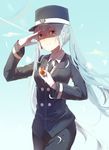  bad_id bad_pixiv_id gloves hat hatsune_miku long_hair necktie salute smile solo twintails very_long_hair vocaloid whistle xuehua 