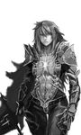  abs armor balmung_(fate/apocrypha) cape center_opening drawfag fate/apocrypha fate_(series) genderswap genderswap_(mtf) greyscale highres lips monochrome navel nose pauldrons scar siegfried_(fate) solo sword weapon 
