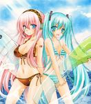  aqua_hair back-to-back bikini blue_eyes blush breasts cleavage hatsune_miku long_hair medium_breasts megurine_luka multiple_girls ocean open_mouth pink_hair project_diva_(series) rano_(u_rano) smile striped striped_bikini striped_swimsuit swimsuit swimwear_(module) twintails very_long_hair vocaloid water 