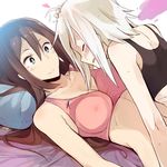  alternate_hairstyle blue_eyes blush breasts brown_hair closed_eyes condom covered_nipples freckles hair_down heart homika_(pokemon) implied_fingering kawaisou large_breasts long_hair lying mei_(pokemon) multiple_girls out-of-frame_censoring petting pillow pokemon pokemon_(game) pokemon_bw2 see-through short_hair smile sports_bra sweat white_hair yuri 