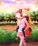  aida_mana animal_print arakawa_tarou bat_print bird blonde_hair blush bush carrying closed_eyes cloud dokidoki!_precure happy highres lake long_hair multiple_girls nature piggyback pink_hair precure print_legwear regina_(dokidoki!_precure) short_hair sky tree walking 