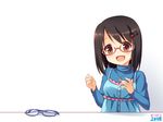  :d blue-framed_eyewear blue_dress camisole camisole_over_clothes dress glasses hair_ornament hairpin head_tilt idolmaster idolmaster_cinderella_girls jewelry kamijou_haruna looking_at_viewer momojiri_aya necklace open_mouth red-framed_eyewear short_hair simple_background smile table upper_body white_background yellow_eyes 