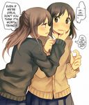  2girls blush brown_eyes brown_hair cardigan chin_grab hachiko_(hati12) hard_translated long_hair multiple_girls original pleated_skirt school_uniform short_hair simple_background skirt sweatdrop translated wavy_mouth yuri 