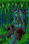  animal_genitalia balls black_body changeling cocoon dickgirl erection fangs friendship_is_magic green_eyes green_hair hair horn horsecock intersex looking_at_viewer my_little_pony penis queen_chrysalis_(mlp) sitting throne wings xanthor 