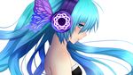 blue_eyes blue_hair daburu from_side hair_between_eyes hatsune_miku headphones highres long_hair looking_at_viewer magnet_(vocaloid) portrait simple_background solo strapless vocaloid white_background 