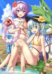  alternate_costume alternate_hairstyle barefoot bikini blue_bikini blue_footwear blush chair cloud convenient_leg covered_nipples day eyeball flat_chest flower frilled_bikini frills green_eyes green_hair hair_flower hair_ornament hairband hat hat_ribbon heart hibiscus innertube komeiji_koishi komeiji_satori looking_at_viewer lounge_chair multiple_girls navel nipples no_shoes open_mouth purple_eyes purple_hair pussy ribbon sexually_suggestive shoes short_hair siblings silver_hair sisters sitting smile soaking_feet standing swimsuit taishi_(moriverine) third_eye touhou towel twintails water wet when_you_see_it yellow_bikini 