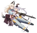  2girls ammunition_belt animal_ears animal_tail breasts commission denim eila_ilmatar_juutilainen eyes_closed full_body girls_frontline gloves gun hat high_heels holding holding_weapon long_hair machine_gun mg42 mg42_(girls_frontline) midriff morin multiple_girls necktie nike official_art open_mouth pants pleated_skirt purple_eyes sd_bigpie shirt sideboob silver_hair skirt smile solo spirtie strike_witches thighhighs twintails weapon white_hair world_witches_series 