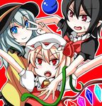  black_hair blonde_hair blue_eyes blush fangs flandre_scarlet hat hat_ribbon houjuu_nue komeiji_koishi multiple_girls red_eyes ribbon snake stage_connection sweatdrop touhou v white_hair wings youka_(gensou_kyoudan) 