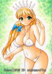  bikini blonde_hair blush bow breasts clalaclan_philias cleavage covered_nipples cross earrings green_eyes hair_bow jewelry large_breasts long_hair looking_at_viewer navel nightmare77zx parted_lips shining_(series) shining_wind solo strap_gap swimsuit tiara 