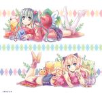  :3 artist_name blonde_hair blue_eyes book bracelet checkerboard_cookie chin_rest cookie cup food fungus_(vocaloid) green_eyes green_hair hatsune_miku jewelry long_hair looking_at_viewer lying multiple_girls nail_polish on_stomach seeu skirt socks spring_onion teacup thighhighs vocaloid zenyu 