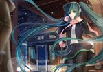  absurdres black_legwear earmuffs green_eyes green_hair ground_vehicle hatsune_miku highres long_hair pantyhose rayxray scarf skirt snowing solo train train_station twintails very_long_hair vocaloid winter_clothes 