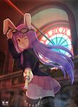  aiming_at_viewer animal_ears back black_legwear blazer blush breasts bullet bunny_ears goggles goggles_on_head gun highres jacket long_hair looking_back medium_breasts necktie pleated_skirt purple_hair red_eyes reisen_udongein_inaba skirt smile stained_glass steampunk thighhighs touhou usanekorin weapon zettai_ryouiki 