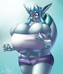  2013 \m/ anthro anthrofied big_breasts big_ears black_nose blue_hair blush breast_expansion breast_squish breasts cleavage clothed clothing cross-eyed eeveelution female fur glaceon gradient_background grey_fur hair huge_breasts hyoume_yukihana lips looking_back marauder6272 nintendo overweight pok&#233;mon pok&#233;morph pok&eacute;mon pok&eacute;morph shirt shorts smile soldiersunstar solo standing tight_clothing under_boob video_games wide_hips 
