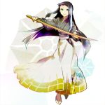  1girl aqua_eyes black_hair bokken commentary_request fingerless_gloves full_body gloves holding holding_sword holding_weapon japanese_clothes katanagatari kiguchi_zanki kimono long_hair long_skirt reirou_(re16ko89) sandals skirt smile solo standing sword weapon wooden_sword 